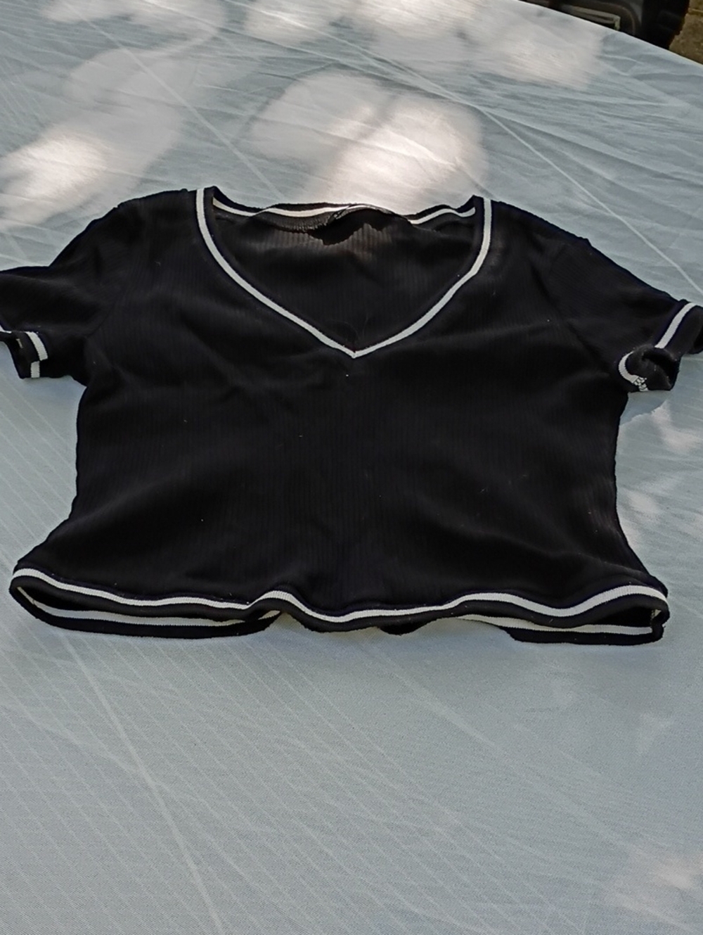 Black V-Neck Ribbed Crop Top with White Trim